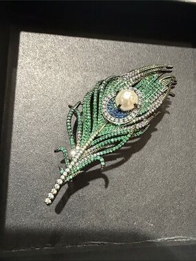 Peacock Feather Crystal Brooch with Pearl Accent - Green/Blue